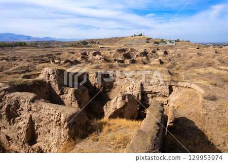 Ancient Penjikent ruins aerial panoramic view, Tajikistan 129953974