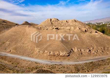 Ancient Penjikent ruins aerial panoramic view, Tajikistan Ancient Penjikent ruins aerial panoramic view, Tajikistan 129953976