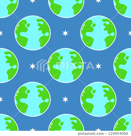 Cute cartoon earth and star pattern on a blue background. 129954008