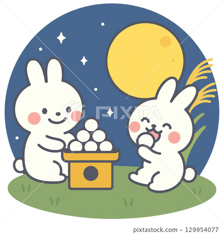 賞月插畫賞月餃子和吃餃子的可愛兔子 129954077
