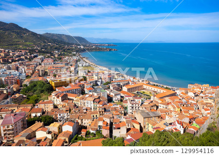 Cefalu city centre aerial panoramic view in Sicily Cefalu city centre aerial panoramic view in Sicily 129954116