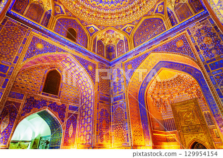 Registan mosaic pattern design background, Samarkand 129954154