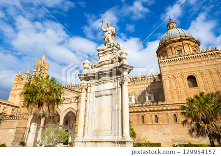Palermo Cathedral or Duomo facade exterior view, Sicily 129954157
