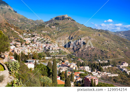 Taormina city aerial panoramic view in Sicily, Italy Taormina city aerial panoramic view in Sicily, Italy 129954254