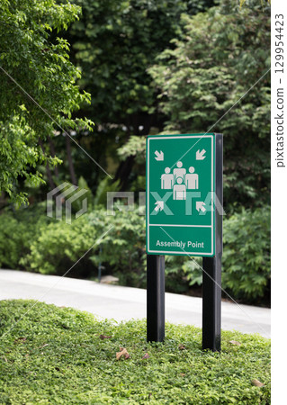 Safety assembly point sign for emergency gathering 129954423