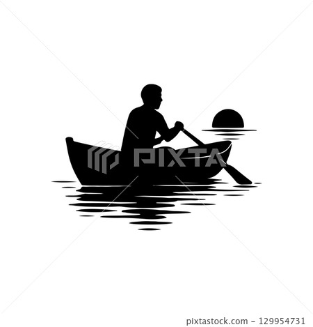 silhouette of a man rowing a boat during sunset isolated on white background silhouette of a man rowing a boat during sunset isolated on white background 129954731