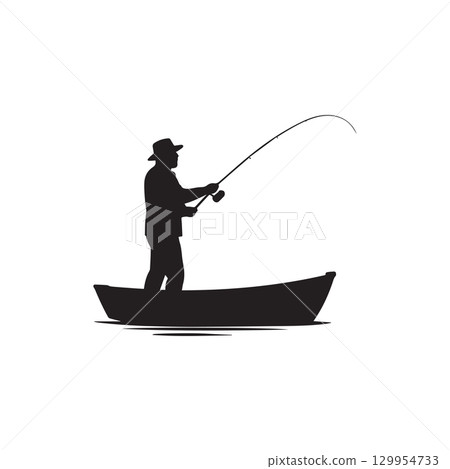 silhouette of a man fishing from a small boat isolated on white background silhouette of a man fishing from a small boat isolated on white background 129954733