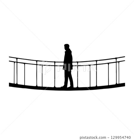 silhouette of a person walking alone on a suspension bridge isolated on white background 129954740