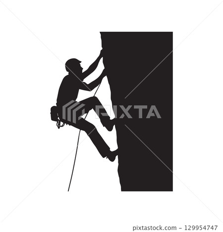 silhouette of a rock climber scaling a vertical wall isolated on white background 129954747