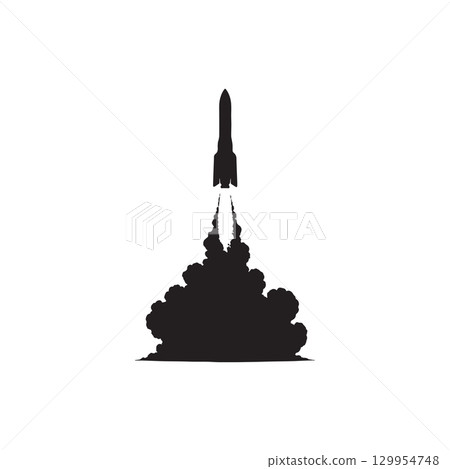silhouette of a rocket launching with smoke clouds isolated on white background 129954748
