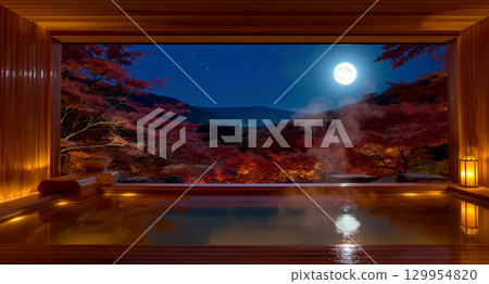 A hot spring where you can bathe while watching the autumn leaves 129954820