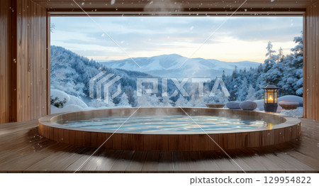 A hot spring where you can bathe while watching the winter snow scenery A hot spring where you can bathe while watching the winter snow scenery 129954822