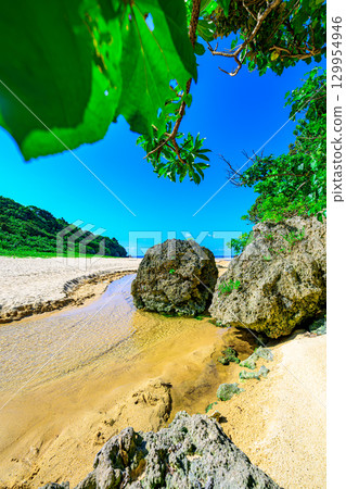 石垣島水晶海灘的壯麗夏日風景，其岩石和溪流令人印象深刻 129954946