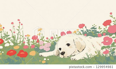 A gentle illustration of a puppy lying in a flower field 129954981
