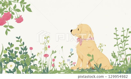 Illustration of a puppy wearing a ribbon sitting in a flower field 129954982
