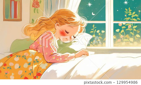 Fantasy illustration of a girl sleeping under the stars 129954986
