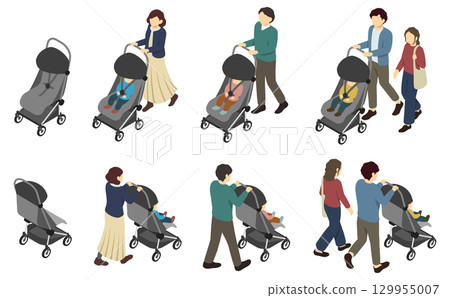 Isometric illustration: family with stroller 129955007