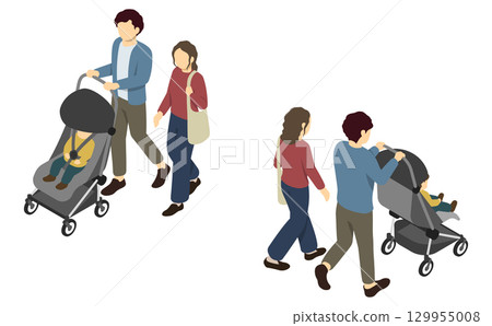 等距插圖:父母帶著孩子在嬰兒車裡 等距插圖:父母帶著孩子在嬰兒車裡 129955008