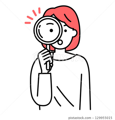 A young woman looking through the magnifying glass 129955015