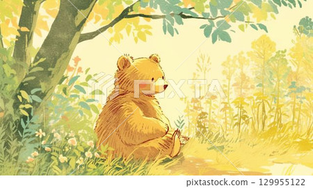 一隻熊坐在森林裡的插圖 一隻熊坐在森林裡的插圖 129955122