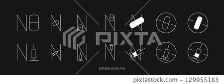 Antibiotic free icons set for biologically active additive. Vector stock illustration isolated on black background for design template medicine, food packaging, stickers, certificate, label and tag 129955183