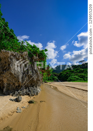 石垣島水晶海灘的夏季風景，白色的沙灘和一條小溪過 129955209