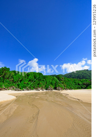 Summer scenery of Ishigaki Island's Crystal Beach, a white sand beach with a stream running through it 129955216