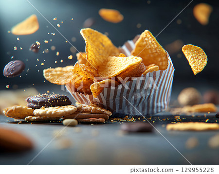 Potato chips in paper bag stack. unhealthy snacks. AI Generated. 129955228