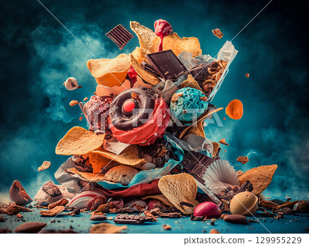 Chaotic pile of unhealthy snacks, such as potato chips, cookies, and chocolates, spilling out of open bags and wrappers. AI Generated. 129955229