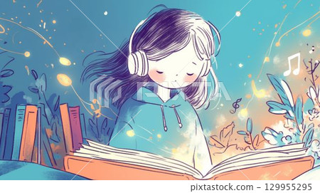 Fantasy illustration of a girl reading a book while listening to music on headphones 129955295