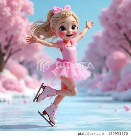 在結冰的池塘上滑冰的女孩 在結冰的池塘上滑冰的女孩 129955376