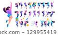 Set of a fun teen girl. Presentation in various in various poses and actions. 2D Flat character vector illustration N8 129955419