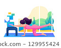 Girl combines yoga and work at home. Flat 2D Web design 129955424