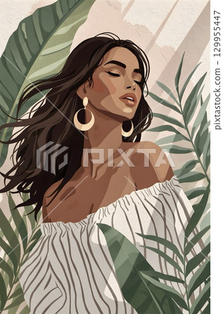 Minimalist Boho Woman with Tropical Leaves and Soft Light 129955447