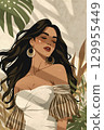 Minimalist Boho Woman with Tropical Leaves and Soft Light 129955449