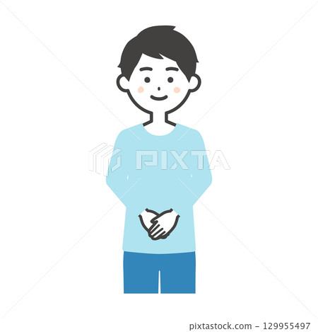Illustration of a man with his hands clasped in front of him 129955497