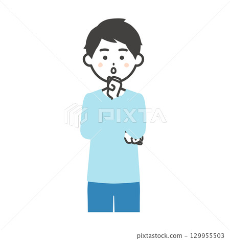 一名男子用拳頭抵下巴的插圖 一名男子用拳頭抵下巴的插圖 129955503