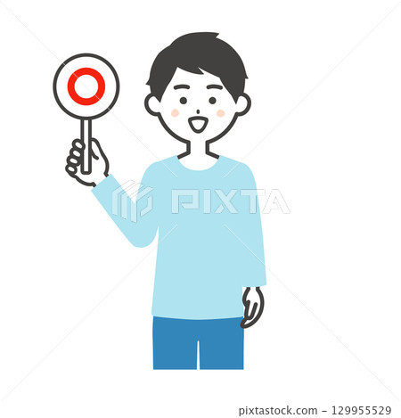 一名男子手持正確答案卡的插圖 129955529