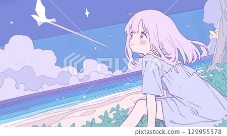 海邊仰望天空的女孩的奇幻插畫 海邊仰望天空的女孩的奇幻插畫 129955578