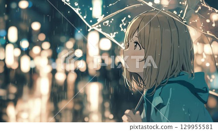 Fantasy illustration of a girl with a transparent umbrella looking up at a rainy city 129955581