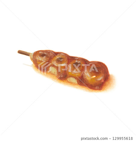 A dango stick. The oil pastel painting of Japanese rice ball dessert hand drawn illustration isolated on white background. A dango stick. The oil pastel painting of Japanese rice ball dessert hand drawn illustration isolated on white background. 129955618