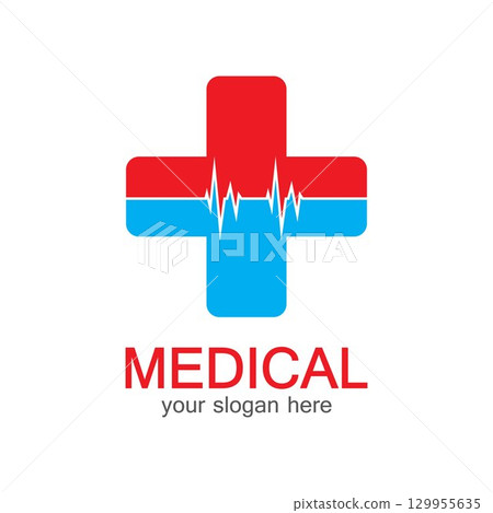 Medical logotype. Pharmacy colored plus cross in a soft shape. Tests, pharmaceutical sign with cardio scheme. Help and health care symbol. Branding identity with cross shape elements. Medical logotype. Pharmacy colored plus cross in a soft shape. Tests, pharmaceutical sign with cardio scheme. Help and health care symbol. Branding identity with cross shape elements. 129955635