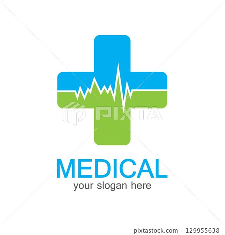 Medical logotype. Pharmacy colored plus cross in a soft shape. Tests, pharmaceutical sign with cardio scheme. Help and health care symbol. Branding identity with cross shape elements. 129955638