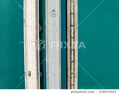 Aerial view of Sarasin bridge road transportation background concept The bridge is a between Phang Nga and Phuket island Thailand The bridge is the most important in making business and transportation 129955692