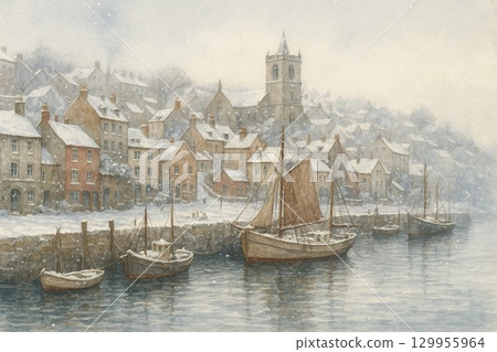 水彩畫中的港口小鎮 129955964