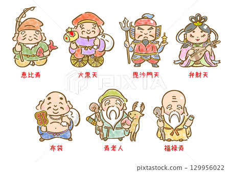 A cute illustration set of the Seven Lucky Gods that can be used for New Year's and New Year's cards 129956022