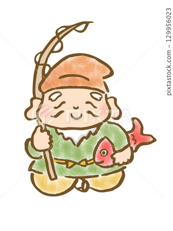 一隻可愛的惠比壽拿著鯛魚和一根魚竿的插圖 129956023