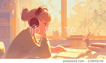 溫柔的動漫風格插圖,一個戴著耳機在窗邊學習的女孩 溫柔的動漫風格插圖,一個戴著耳機在窗邊學習的女孩 129956156