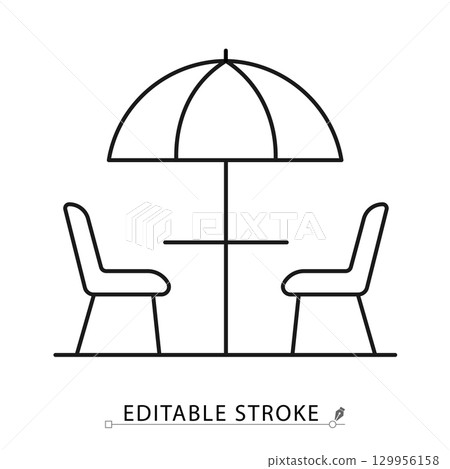 Terrace line icon with editable stroke. Vector outline of outdoor table with umbrella and chairs. Minimalist symbol for hotel, cafe, summer patio, relaxation, leisure and hospitality design. Terrace line icon with editable stroke. Vector outline of outdoor table with umbrella and chairs. Minimalist symbol for hotel, cafe, summer patio, relaxation, leisure and hospitality design. 129956158