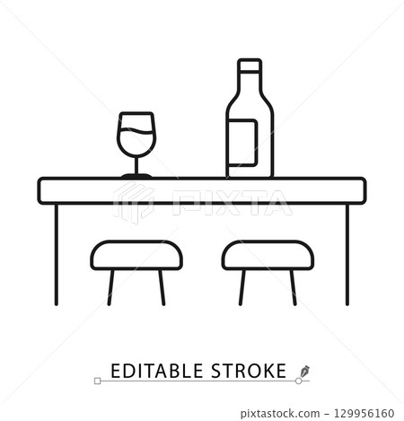 Bar line icon with editable stroke. Vector outline of counter table with stools, wine bottle and glass. Minimal symbol for pub, lounge, nightlife, drinks, alcohol, restaurant and hospitality design. 129956160